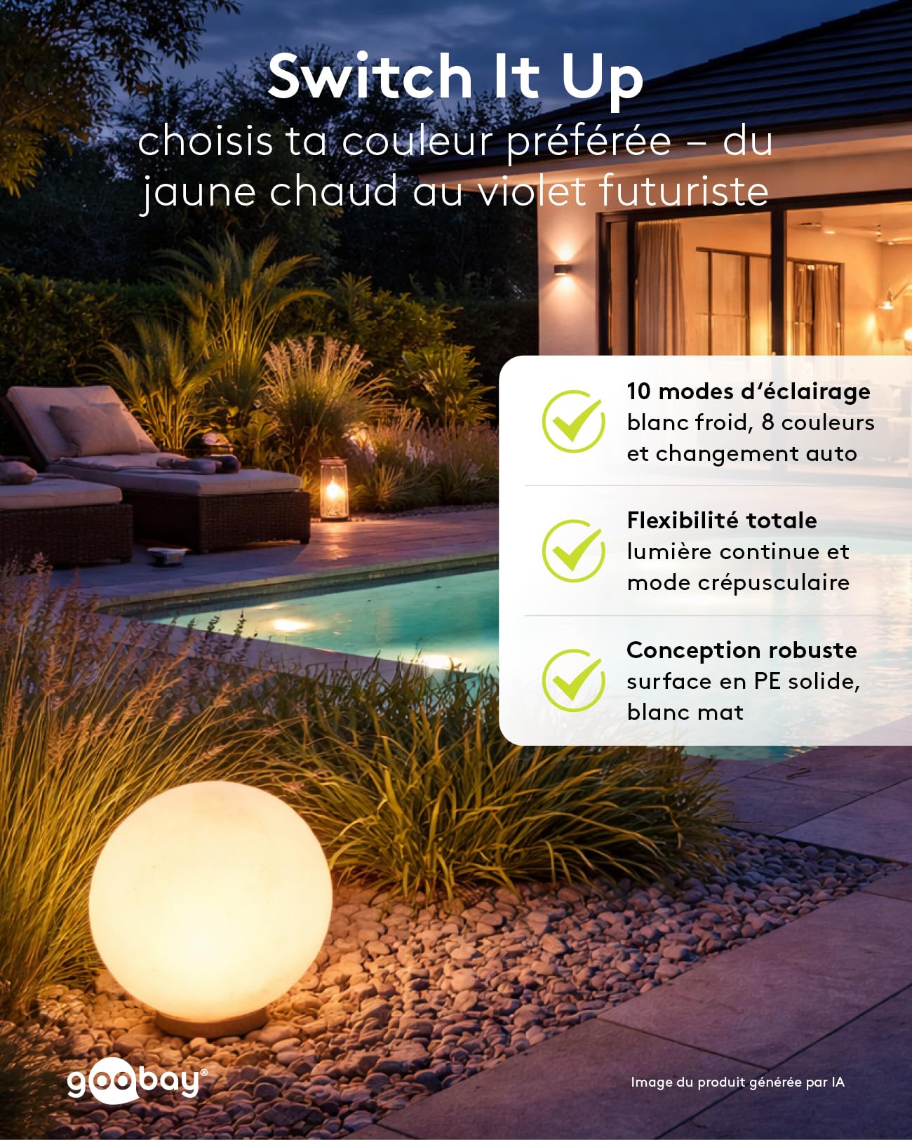 goobay LED Solar Ball 35 cm - Boule lumineuse RGB d'extérieur, résistante à l'hiver, étanche | Lampe solaire, lampe décorative pour terrasse, balcon, jardin, avec 10 modes d'éclairage et piquet