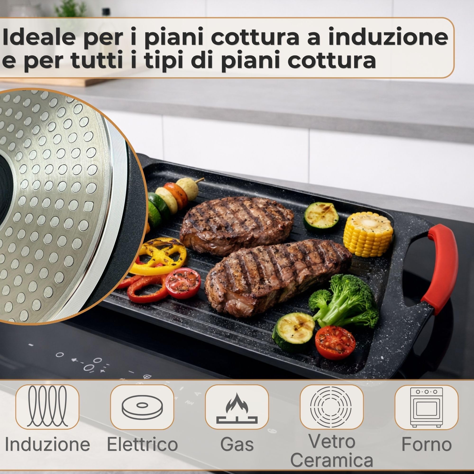 NAMAI - Bistecchiera Induzione Rettangolare, 45,5 CM x 27 CM | Rivestimento Antiaderente, Alluminio Pressofuso, Adatta In Lavastoviglie, Adatta a Tutti i Piani Cottura