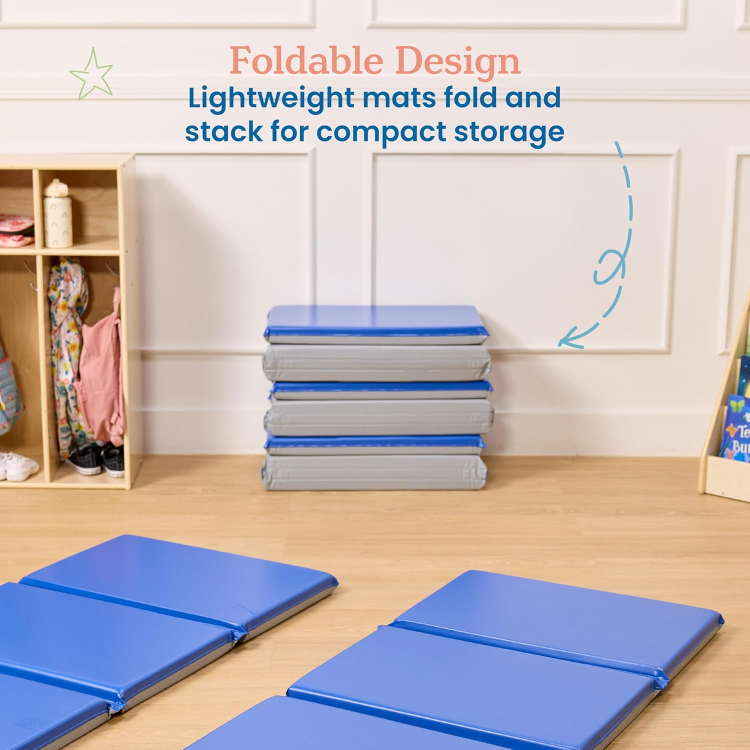ECR4Kids Premium Folding Rest Mat, 3-Section, 2in, Sleeping Pad, Blue/Grey, 5-Pack