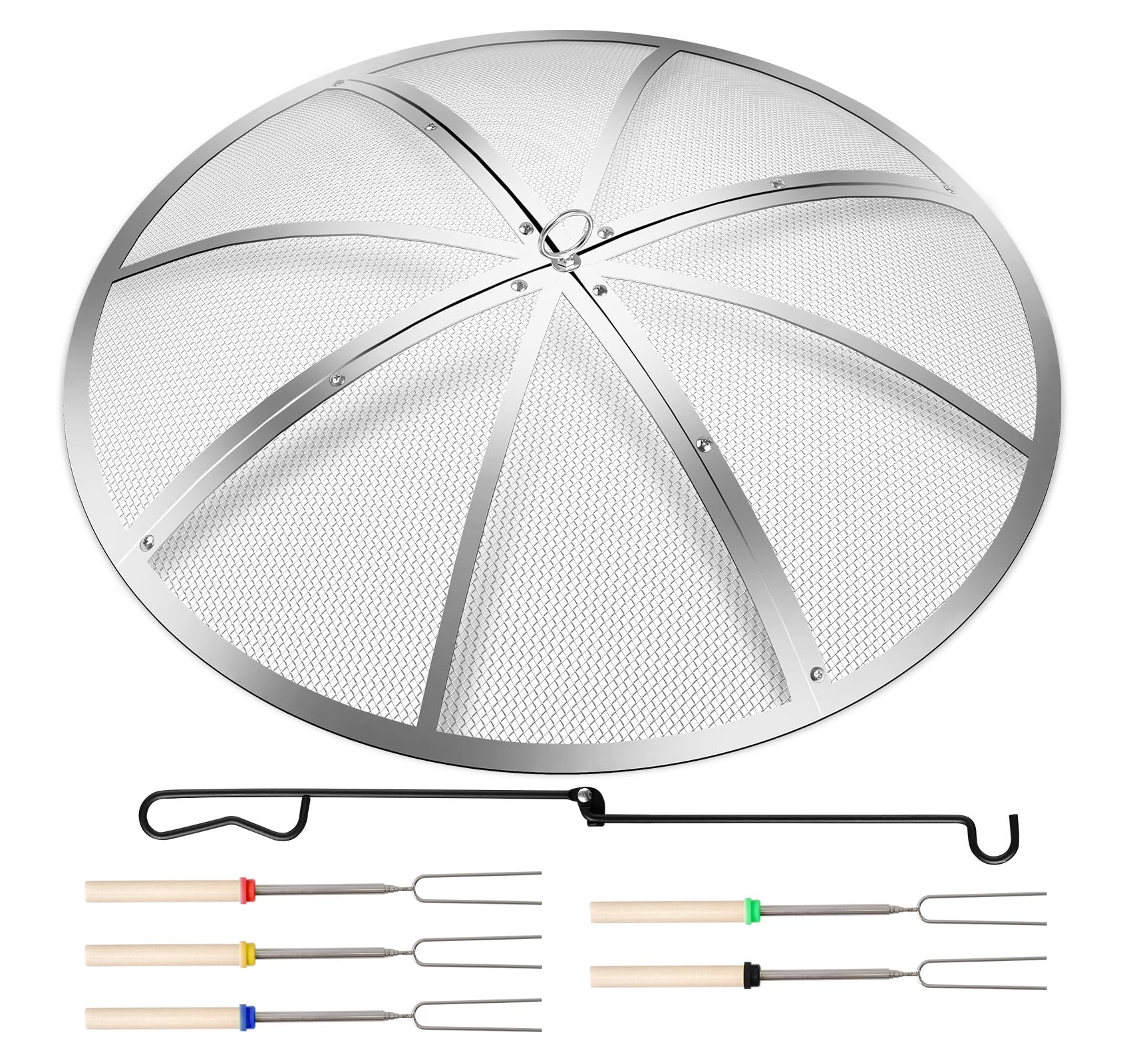 Baitedelai Fire Pit Spark Screen 30 Inch Round, Heavy Duty Stainless Steel Outdoor Fire Pit Screen Cover with Foldable Hook & Marshmallow Sticks, Mesh Spark Protector for Backyard, Camping, Beach