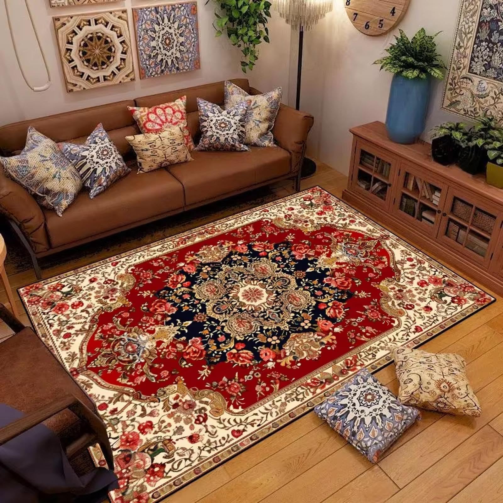 Tapis ethnique rétro turc 160x200cm lavable grand format pour salon