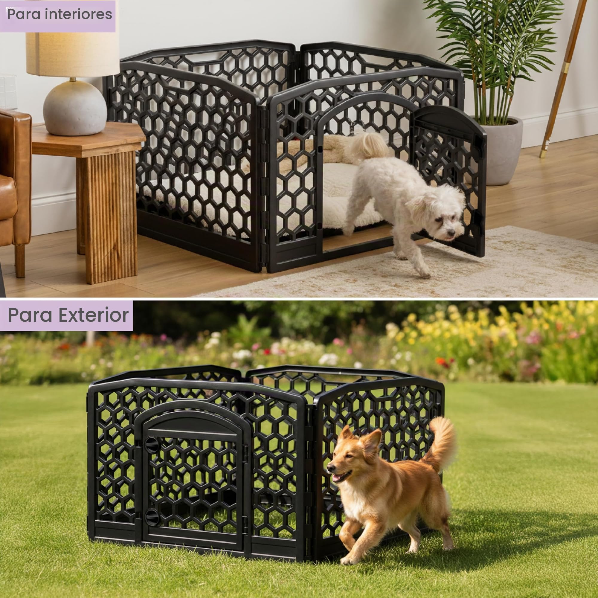 Iris Ohyama, Parque para Perros Interiores, Exterior con 4 Paneles y Puerta Cerrada, H58cm, Negro, Jaula, Enclos, Cierre para Perros, Cachorro, Gato, Conejo, Mascotas, Plástico, CI-584HC