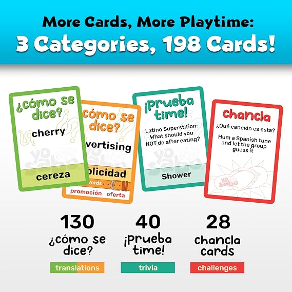 Yo Sabo: Edition 2 - Family Friendly Bilingual Card Game - More Cards, More Game Time - Learn Spanish with Como Se Dice, Trivia, Hilarious Challenge Cards - 198 Cards