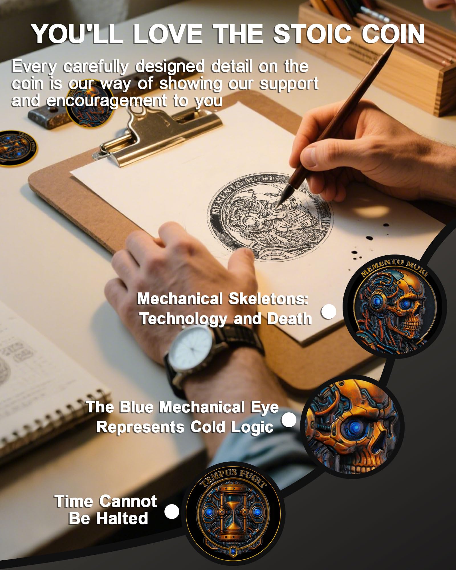 Mechanical Skull Memento Mori Coin, Future Hourglass Stoic Challenge Coin - Image 3