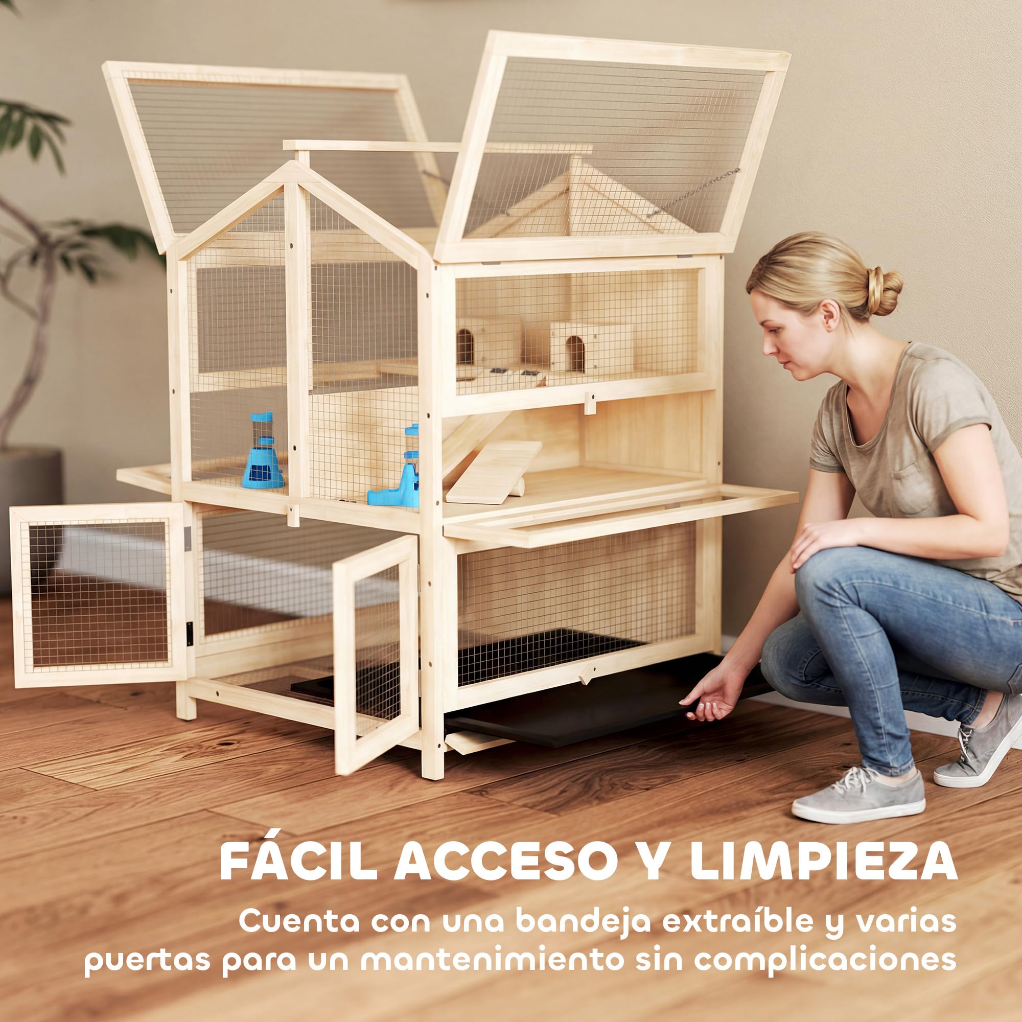 PawHut Jaula para Hámster de Madera de 3 Niveles 68x61,5x90 cm Natural | Casa para Hámster de Madera con Bebederos, Casetas, Balancines, Rampas, Bandeja Extraíble, Tapas Abatibles