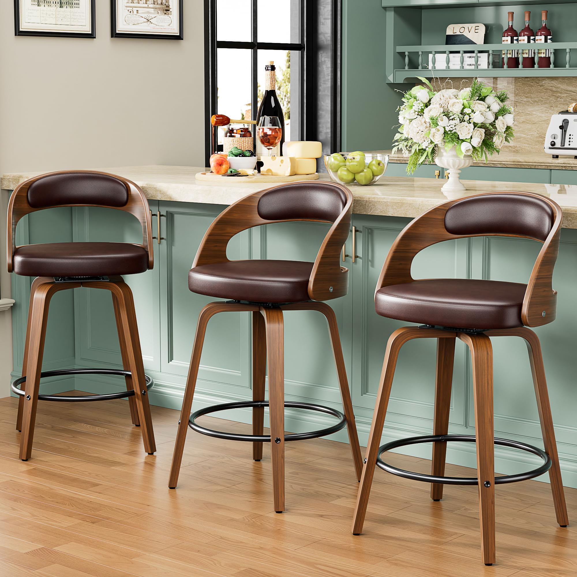 YaFiti Bar Stools Set of 3, 26" Counter Height Barstools with Bentwood Legs, Swivel Counter Stools with Back, Mid Century Modern Faux Leather