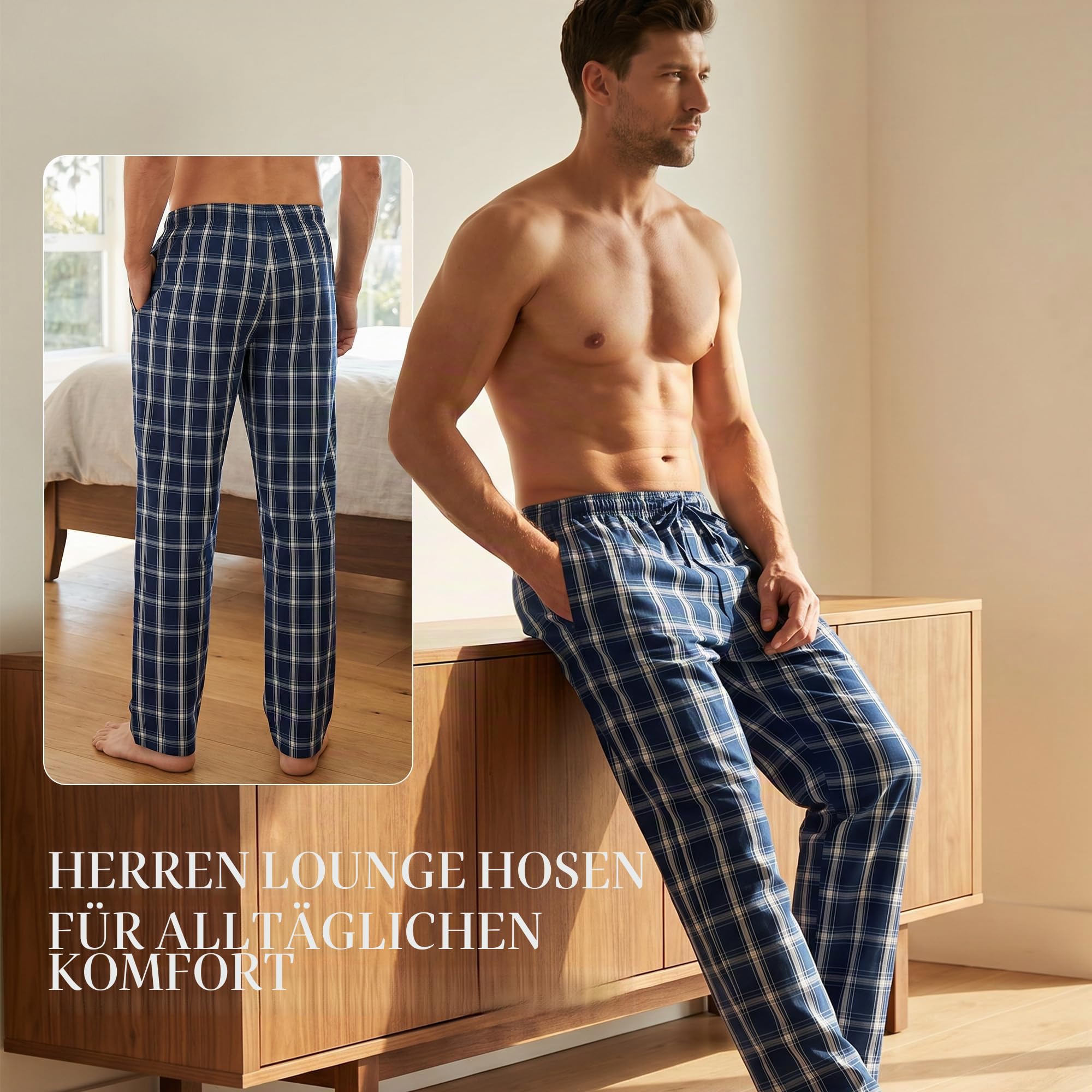 Vulcanodon Schlafanzughose Herren lang 100% Baumwolle karierte Pyjamahose lange Schlafhose Freizeithose, Weiche karierte für Männer (2er-Pack)