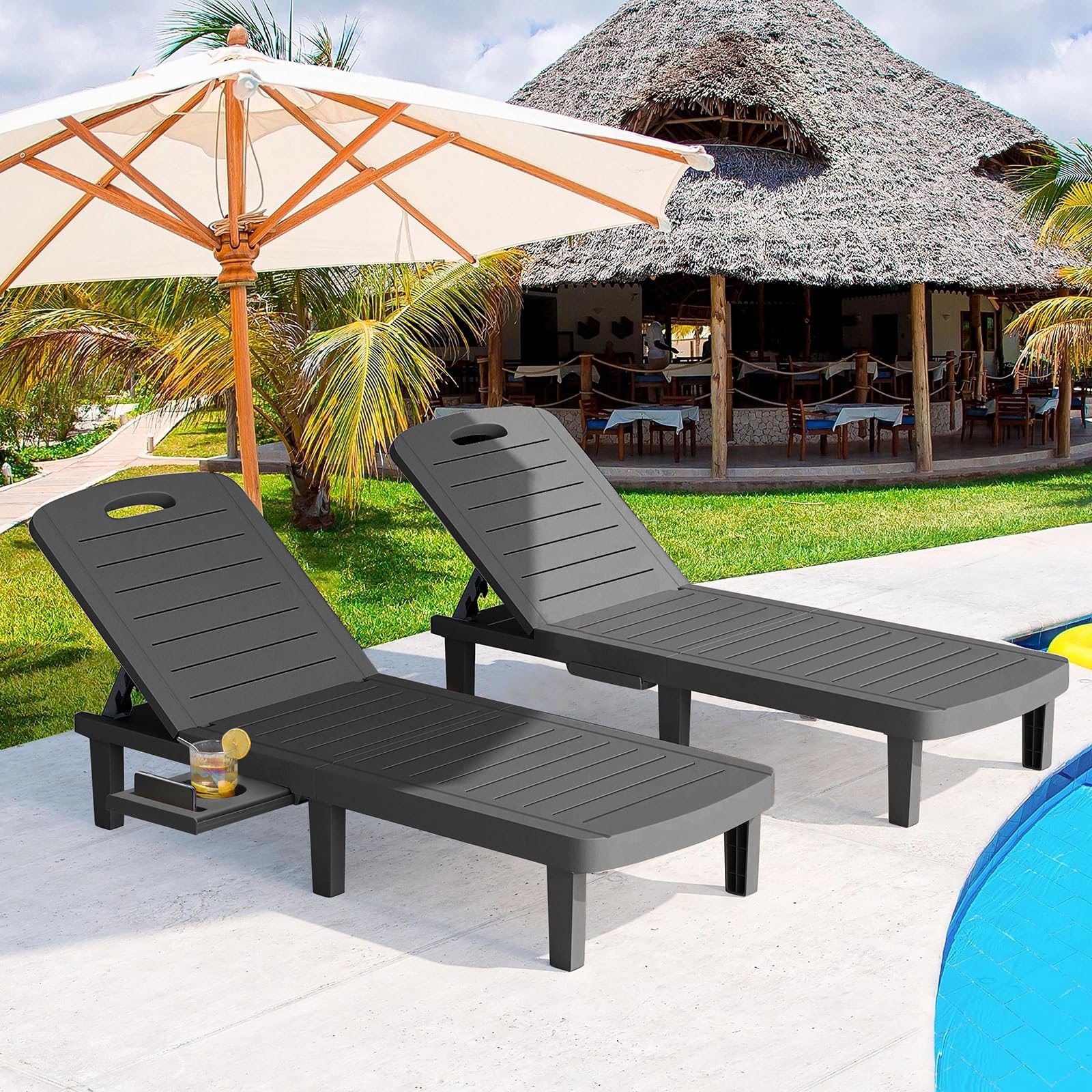 SELLERWE Outdoor Chaise Lounge Set of 2, Waterproof Resin Lounge Chairs for Outside w/Adjustable 5 Positions All Weather Use Recliner Chair for Patio,