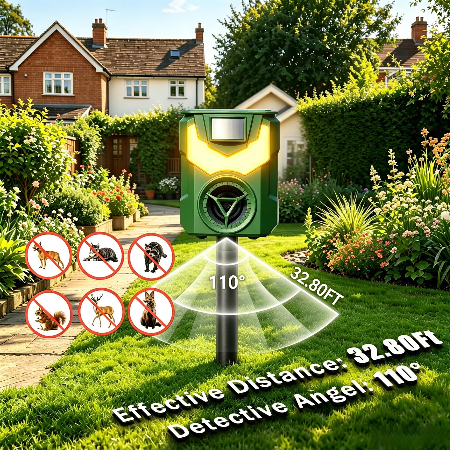 Répulsif solaire à ultrasons pour chats et renards - Pour jardin - Étanche IP44 - 5 modes de fréquence - Détecteur de mouvement PIR - Lumière stroboscopique et alarme pour ferme, cour, écureuils