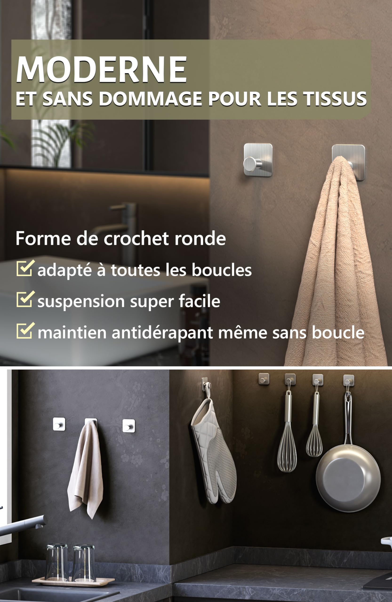 Pièces Crochets Auto-adhésifs, Crochet Double Porte Serviette Salle De Bain Support Mural Auto Adhesif Pour Cuisine Aluminium Noir 99065475