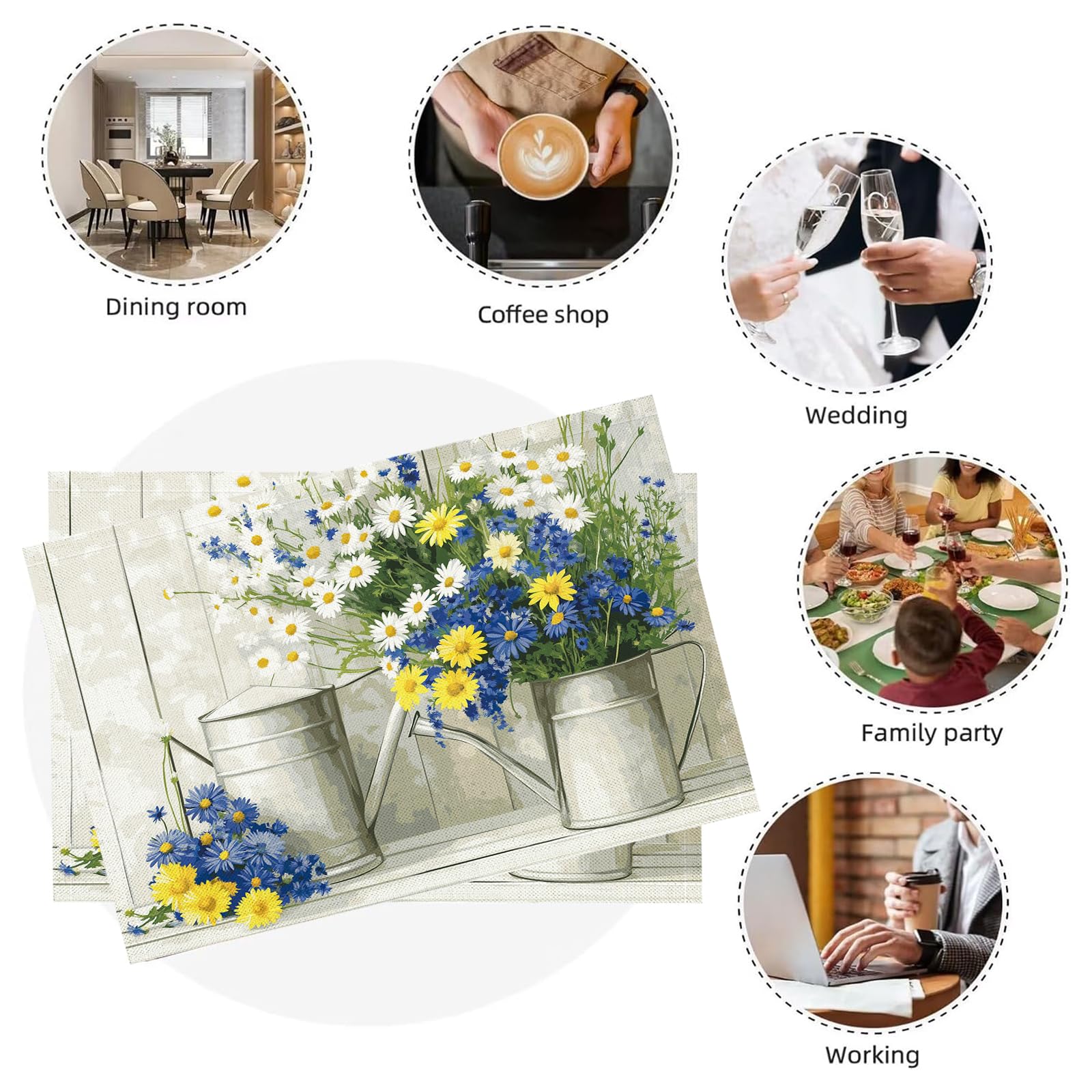 30×45cm Tovaglietta Americana Retrò in Cotone Lino Rettangolare - Tovagliette Set di 8 Vaso di margherite Resistente al Calore per La Cucina, Il L'Ufficio