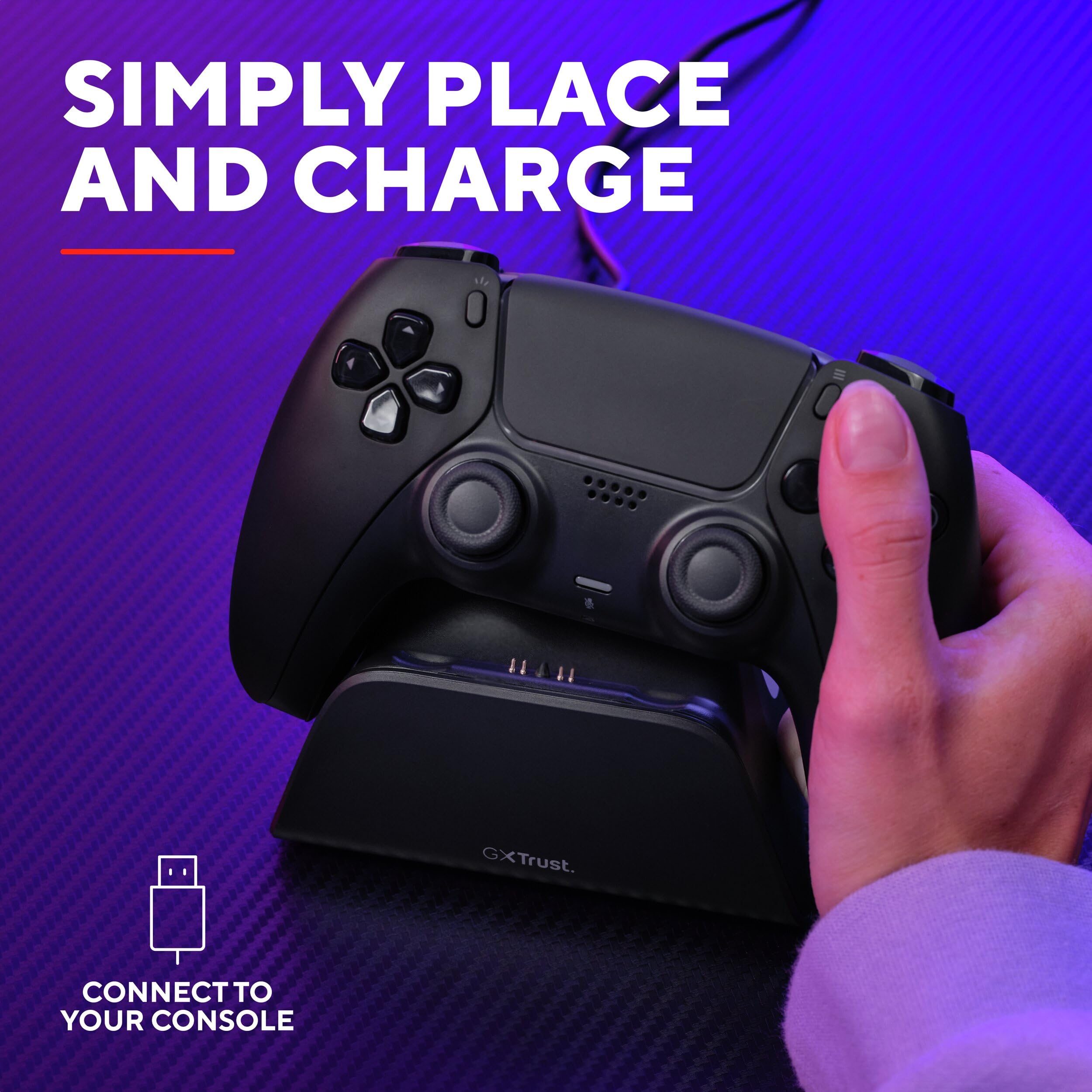 Trust GXT 255 Caricatore Joystick PS5, Base Ricarica DualSense PS5 con Design Place-on, Ricarica Veloce, Illuminazione LED, Cuscinetti Antiscivolo, Cavo USB-C-C Incluso, Accessori PlayStation 5, Nero