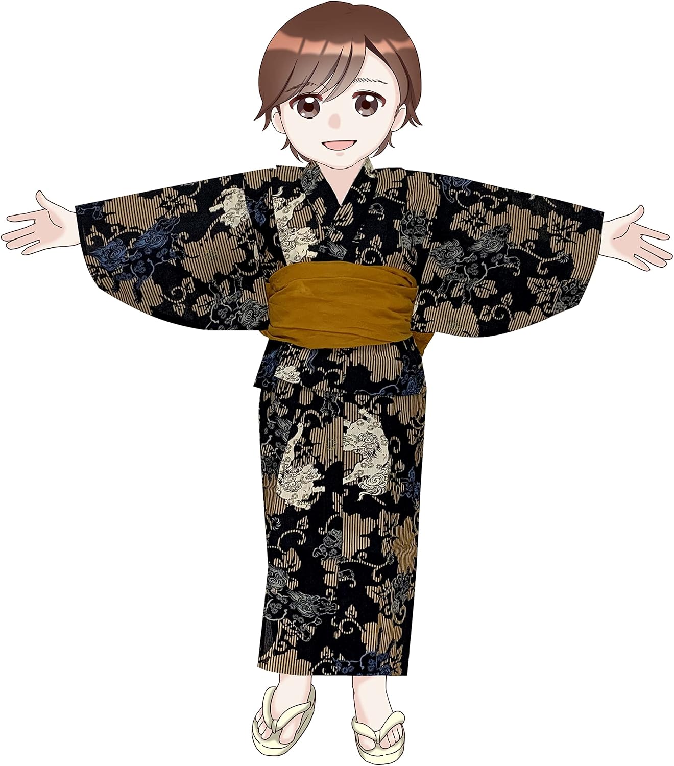 [Muromachi-st.] 浴衣 男の子 135cm前後 子供浴衣と兵児帯セット 渋い和柄 (9-10)「黒、獅子」DBYL-1