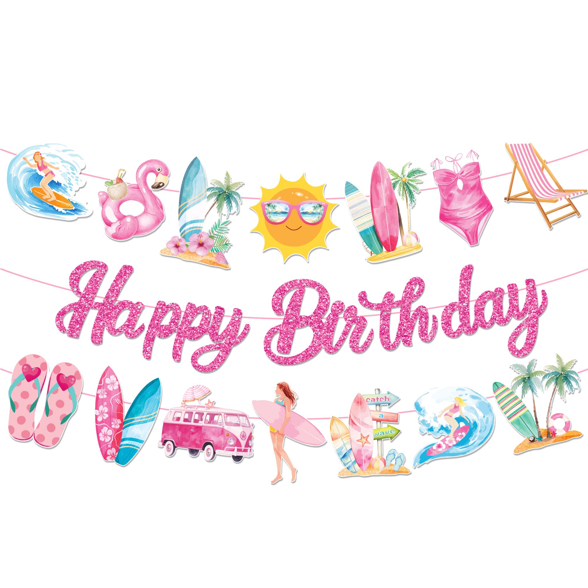 CC HOME 3Pcs Hawaii Happy Birthday Banner Flamingo Beach Pool Party Hanging Banner Summer Theme Birthday Bridal Wedding Baby Shower Boys Girls Kids Home Classroom Party Supplies Decorations