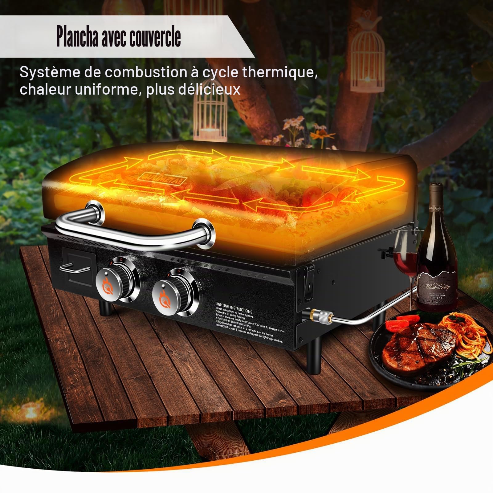 GFTIME Barbecue de table à gaz Griddle 2 brûleurs avec capot - Plancha à gaz avec dessus plat - Griddle - Barbecue au propane avec sac de transport - 22" - 48 000 BTU - Plaque de cuisson antiadhésive