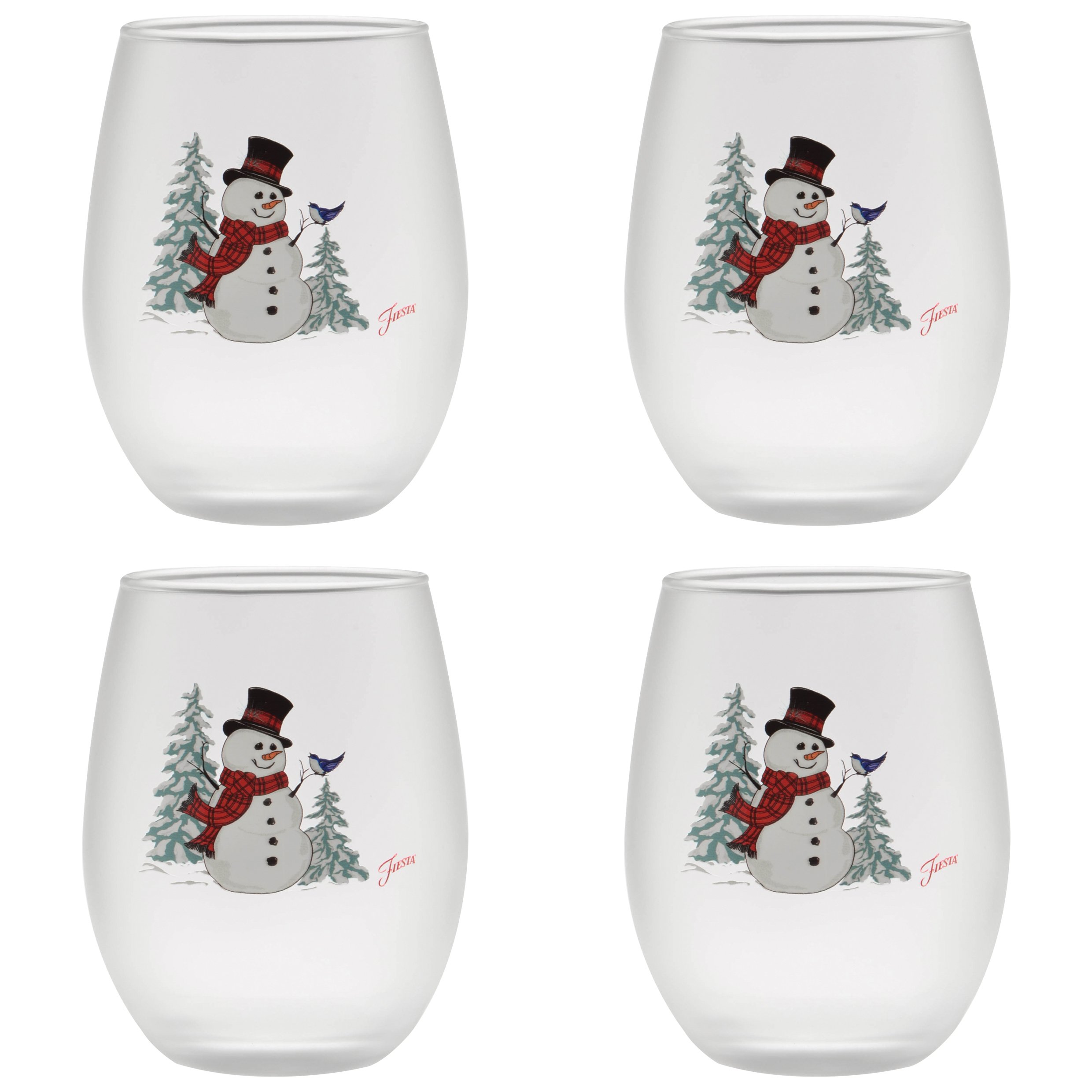 Officially Licensed Fiesta Snowman Frosted Glass Set of 4 (Stemless, 15-Ounce)
