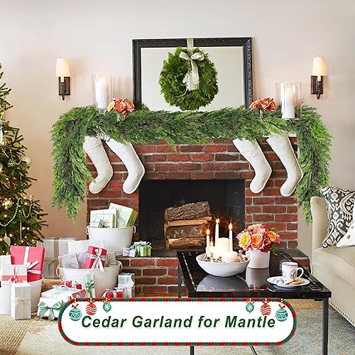 Miniatura 4 de Guirnalda de cedro de Navidad de 9 pies, gruesas guirnaldas verdes de ciprés, guirnaldas de pino de tacto real, guirnaldas realistas de Navidad para