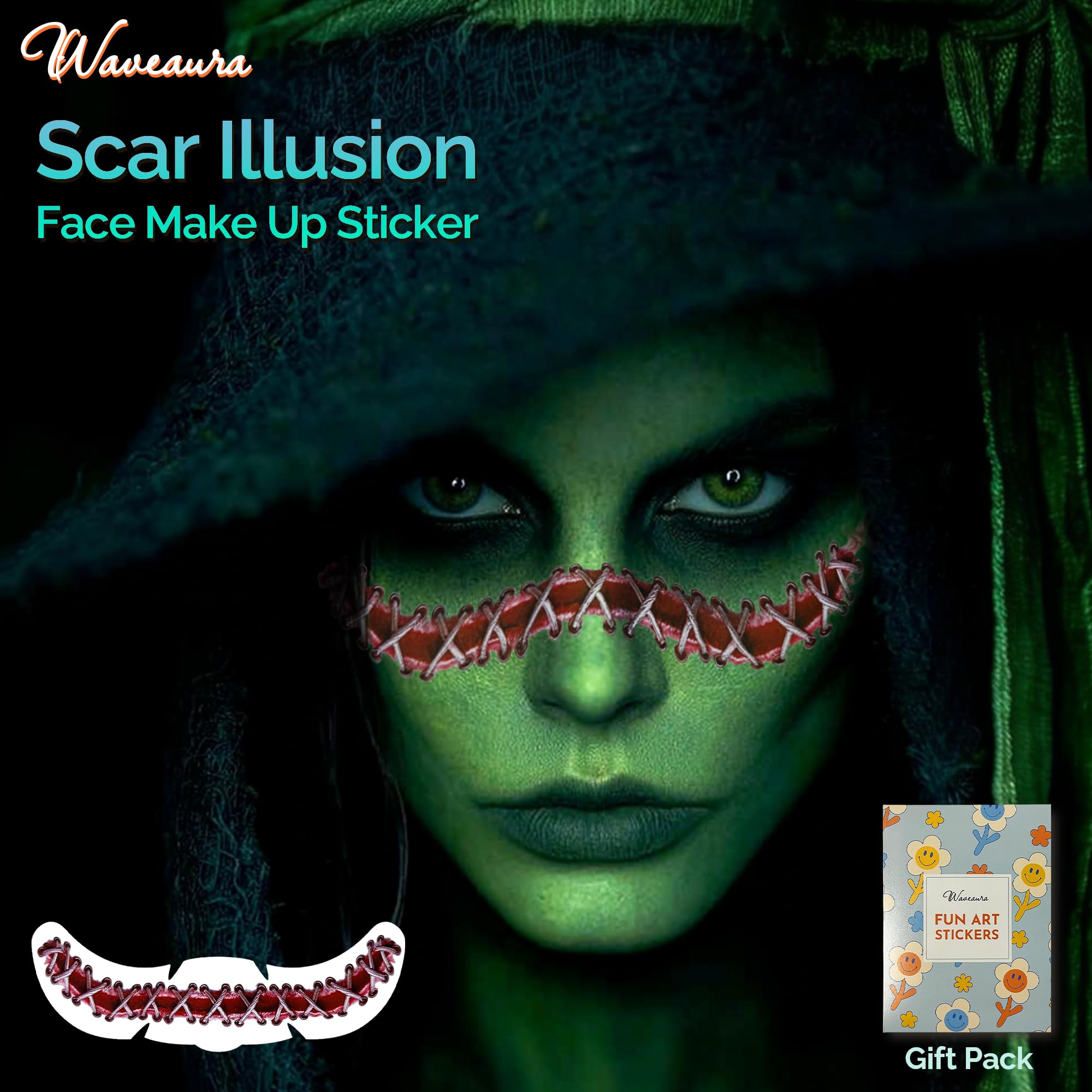 Waveaura Halloween Temporary Tattoos Stitched Wound Stickers New Face Scar Tattoos 4pcs for Adults Dia de Los Muertos Day of the Dead Face Tattoos Halloween Party Prank Cosplay Horror Makeup - Image 4