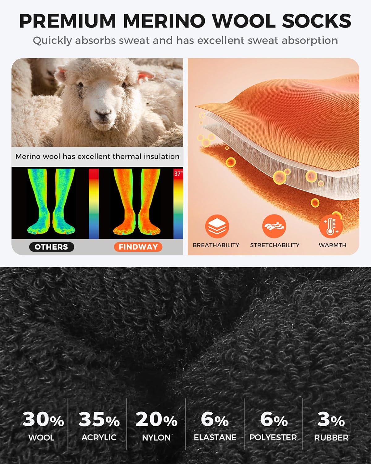 findway Merino Wool Ski Socks, 2 Pairs Thermal Knee-high Snowboarding Snow Winter Warm Socks for Men Women - Image 3