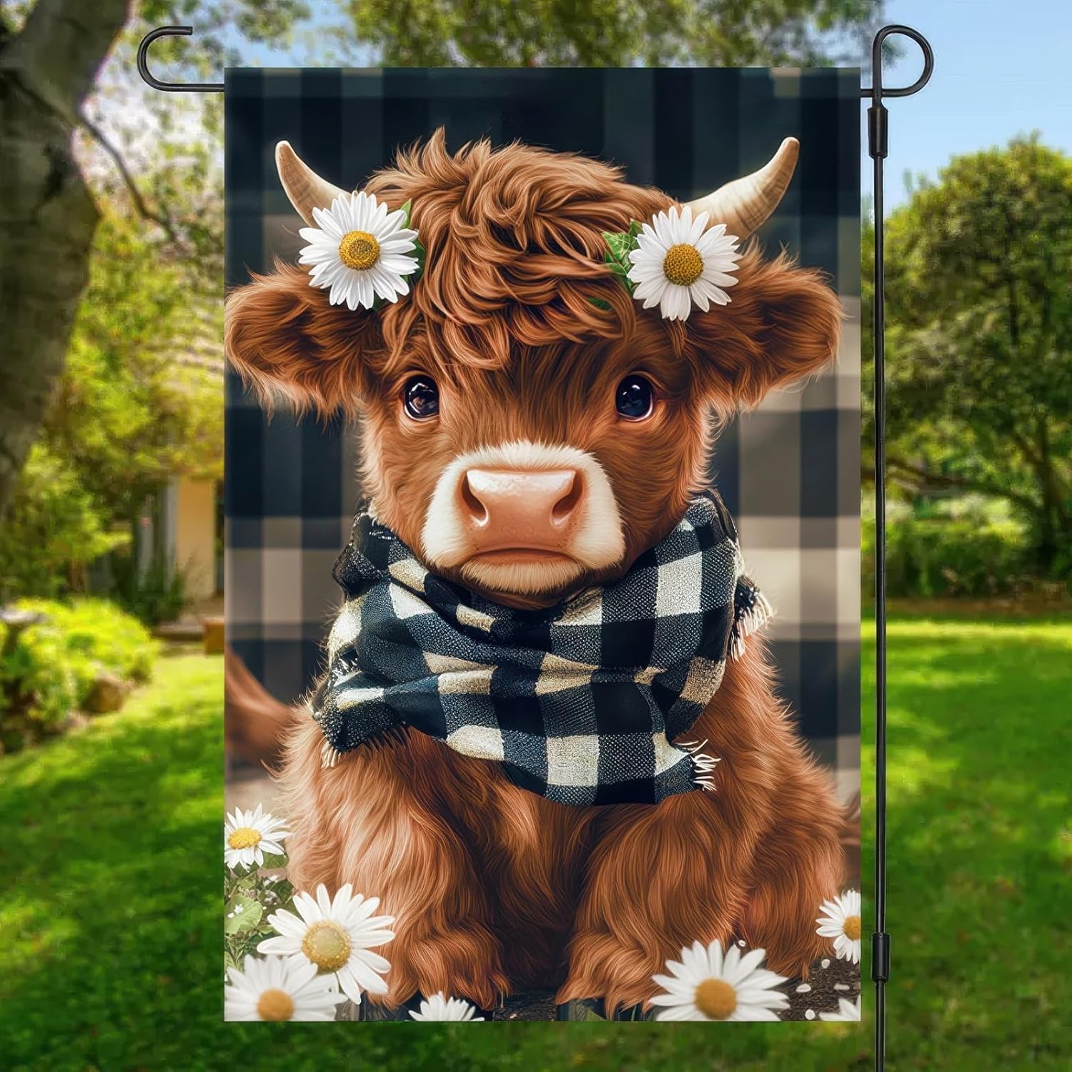 Highland Cow Garden Flag 12x18 Inch Double Sided Plaid Daisy Yard Flags Floral Cow Farmhouse Flag Adorable Farm Animal Outdoor Decoration for Seasonal Summer Spring Yard Decor - Image 4