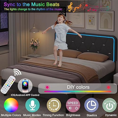 Miniatura 10 de VECELO - Marco tapizado con cabecera ajustable, matrimonial, plataforma de terciopelo con led, estación de carga, base de colchón con listones de