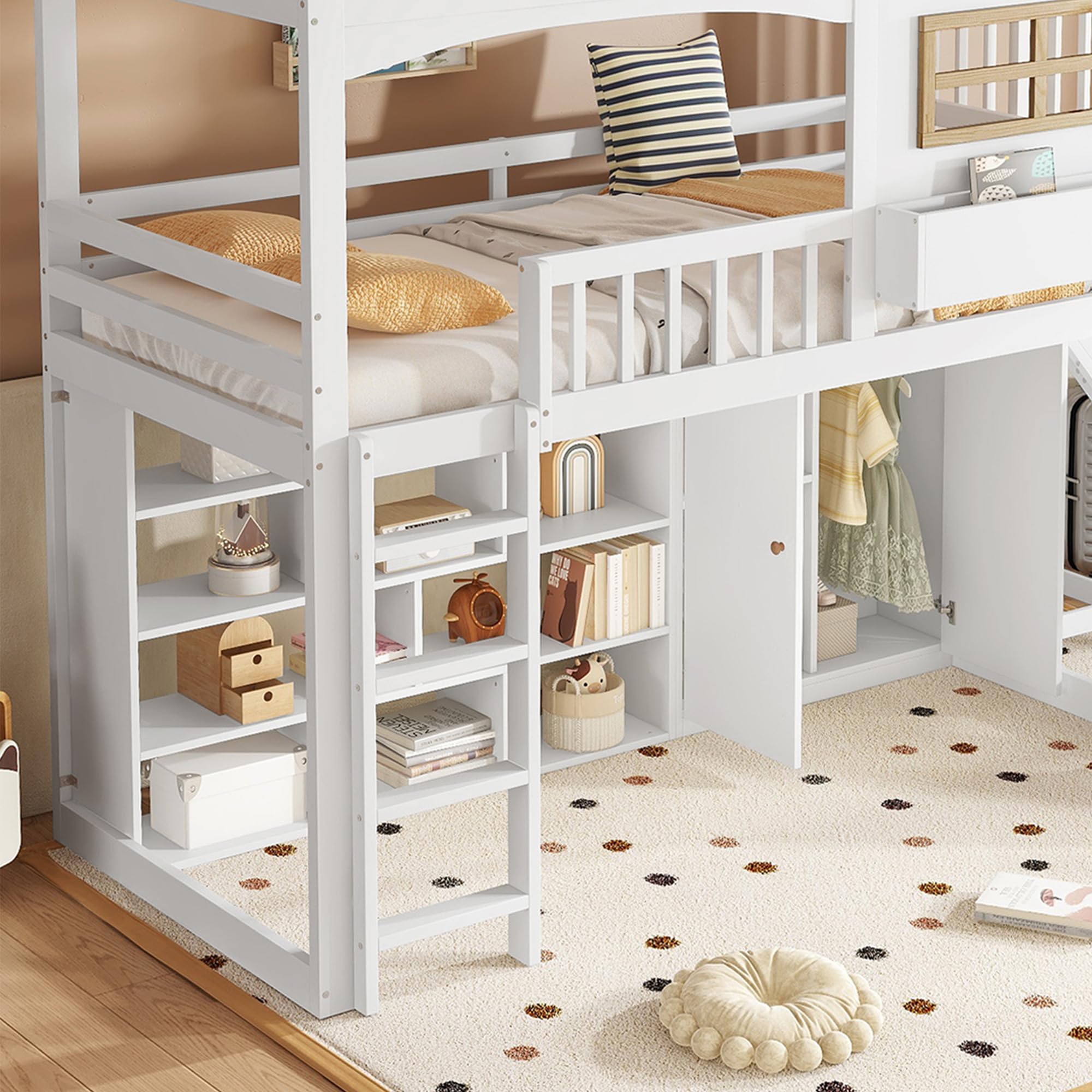 Merax Etagenbett 90x200cm, Kinderbett Hochbett mit Rutsche & Kleiderschrank & Regale, Platzsparendes Stockbett Hausbett mit Lattenrost & Rausfallschutz, Praktisches Jugendbett, Ohne Matratze, Weiß