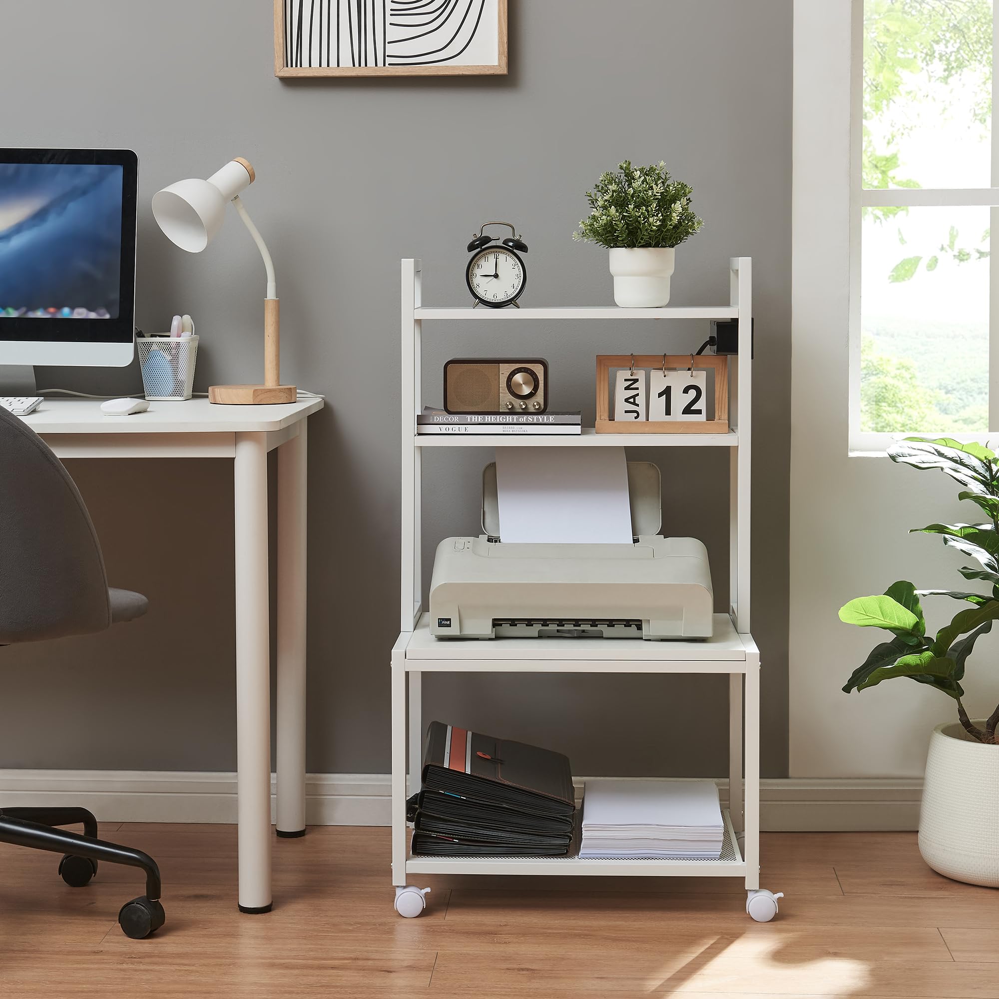 [en.casa] Carrello Porta Stampante per Ufficio Studio a 3 Livelli con 2 Prese di Corrente Scaffale Supporto Laterale con Ruote e Ripiani Griglia 100 x 55 x 38 cm - Bianco