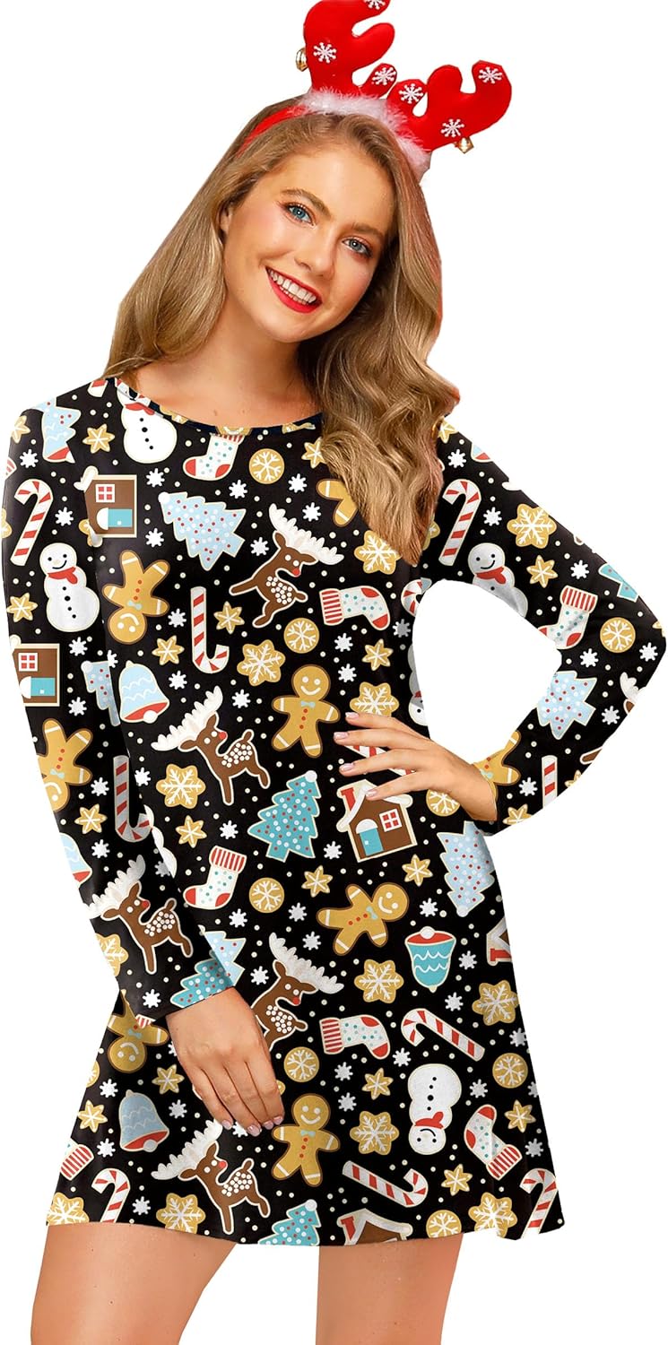 For G and PL Women's Christmas Printed Tunic Dress Long Sleeve Crewneck Casual Costume