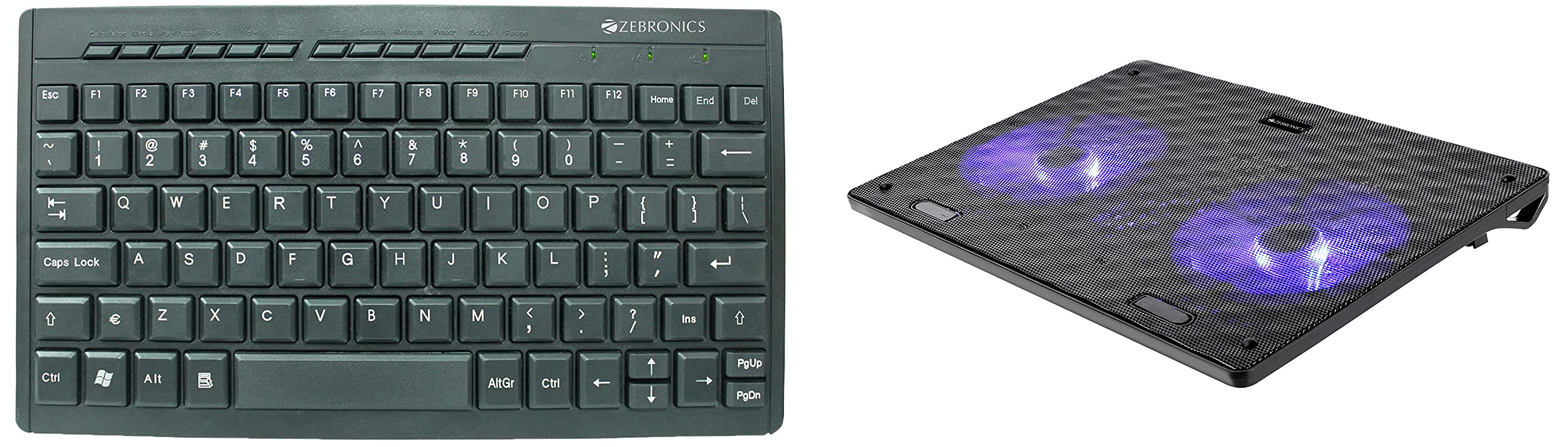 Zebronics, ZEB-NC3300 USB Powered Laptop Cooling Pad with Dual Fan, Dual USB Port and Blue LED Lights & ZEB-K04 Mini Multimedia USB Wired Keyboard with 96 UV Coated Keys, Slim & Compact, for PC/Mac