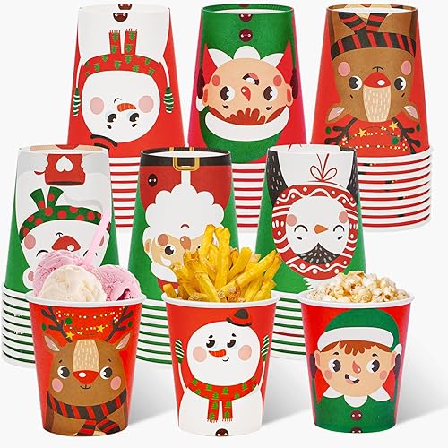 Whaline 60 vasos desechables de Navidad de 9 onzas, color rojo y verde, Papá Noel, elfo, muñeco de nieve, alce, tazas de papel para fiestas de