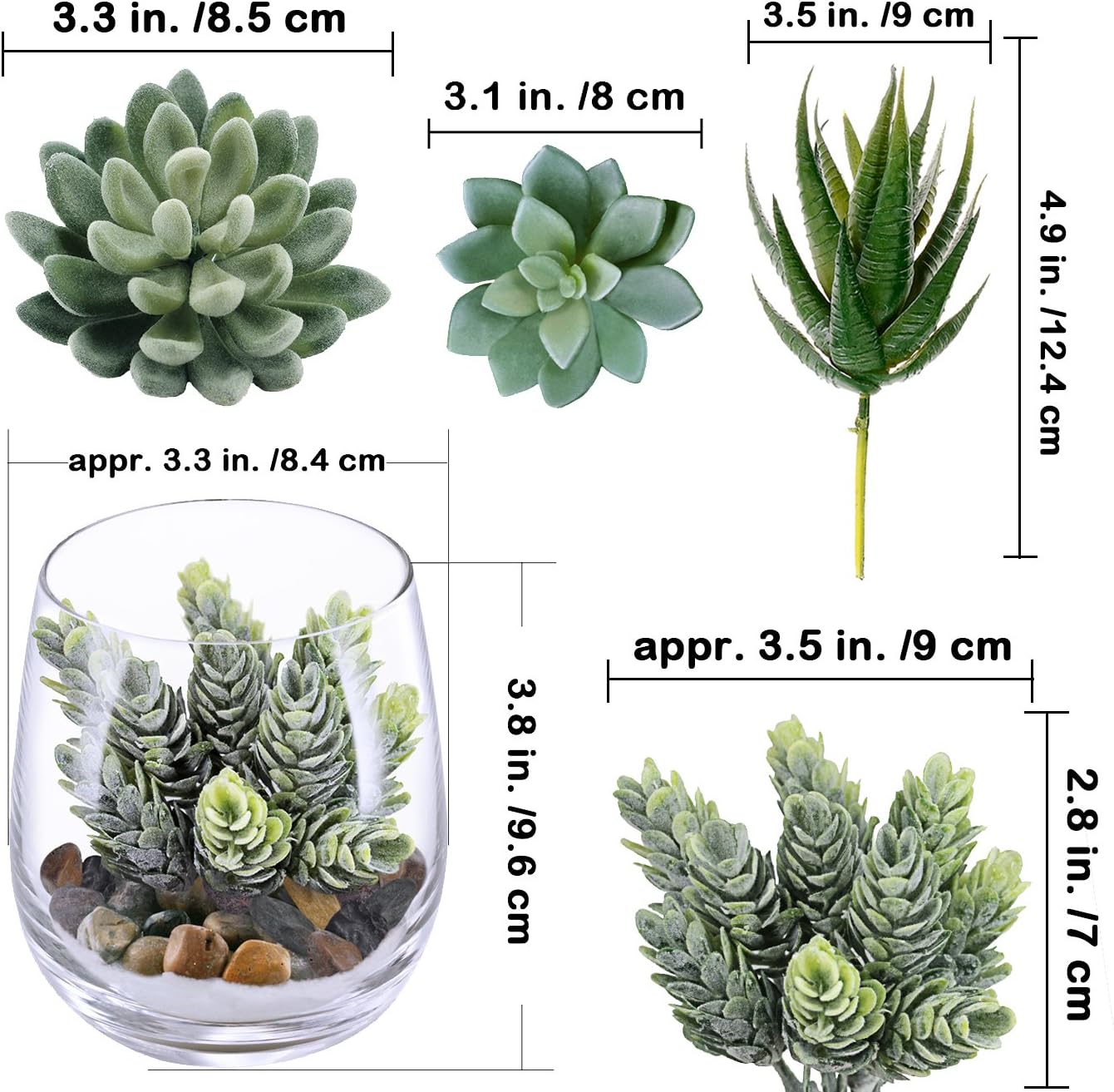 Supla 4 Set Artificial Fake Succulent Plants Echeveria Terrarium Glass Containers Decorations Clear (4 Artificial Succulents+1.1 Lb White Sand+1.32 Lb Stone + 4 Glass Containers +1 Floral Wire Cutter)