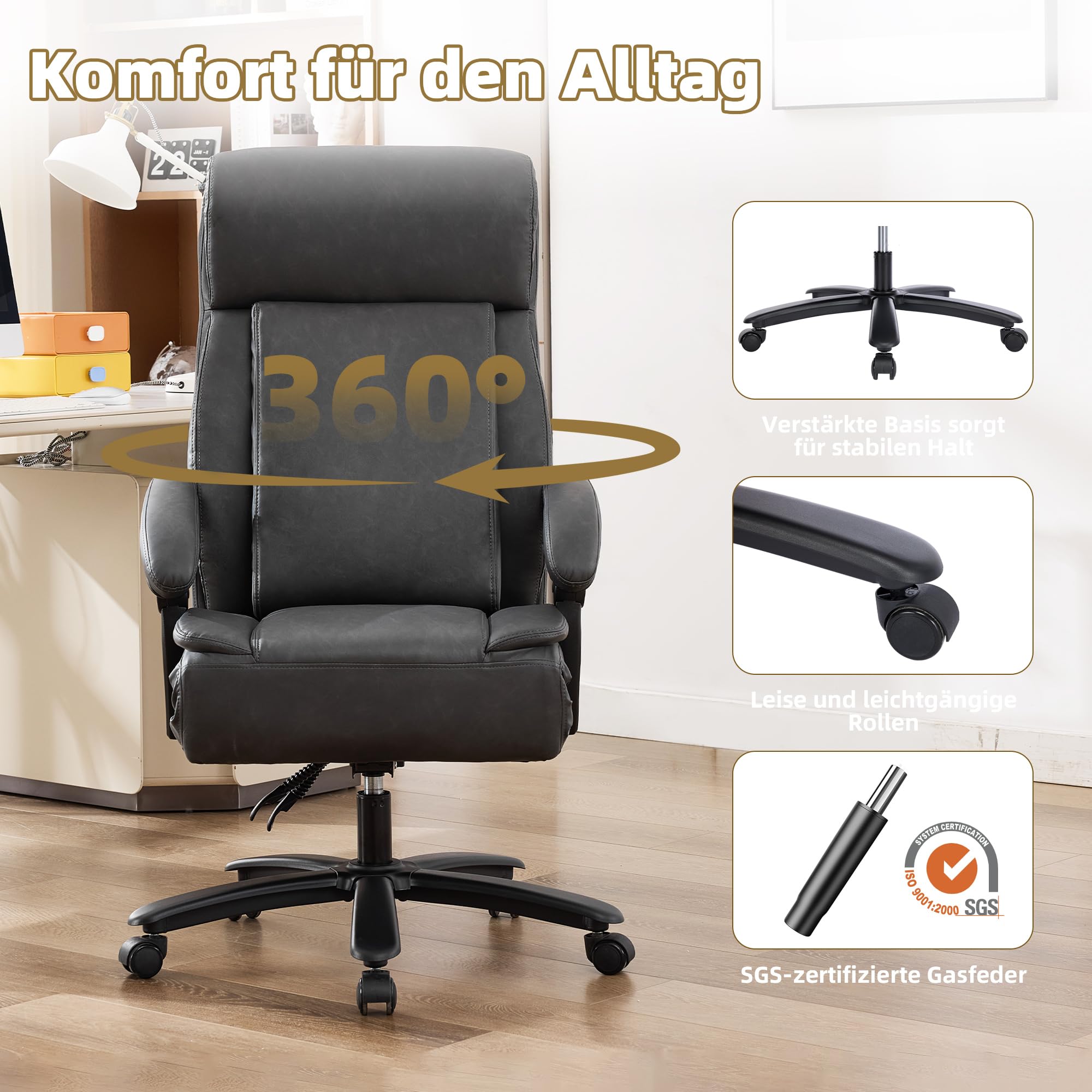 Bürostuhl mit Massage, Ergonomischer Kunstleder Chefsessel mit 135° Liegefunktion, Höhenverstellbar Drehstuhl mit Klappbarer Sitzfläche, Gepolstertem Lendenkissen Schreibtischstuhl (Schwarz)
