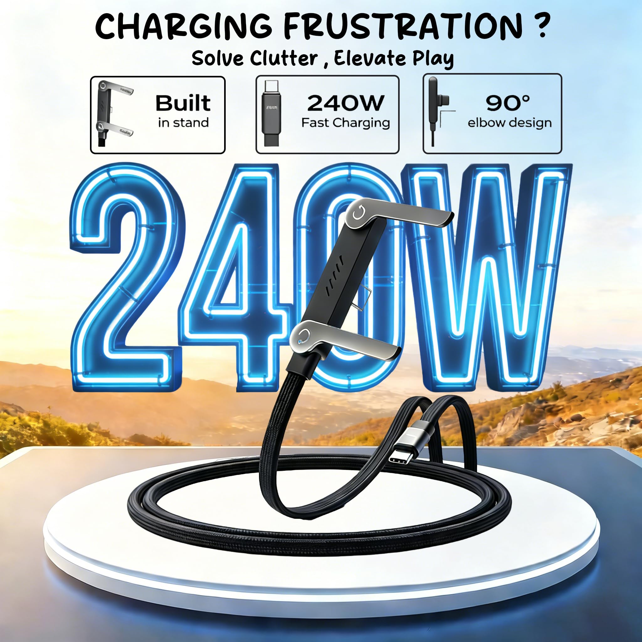 Cavo di ricarica piatto per telefono con supporto regolabile per telefono, angolo retto di 90°, cavo di ricarica rapida da 240 W, cavo di ricarica PD 3.1 intrecciato per iPhone 15, Samsung Galaxy