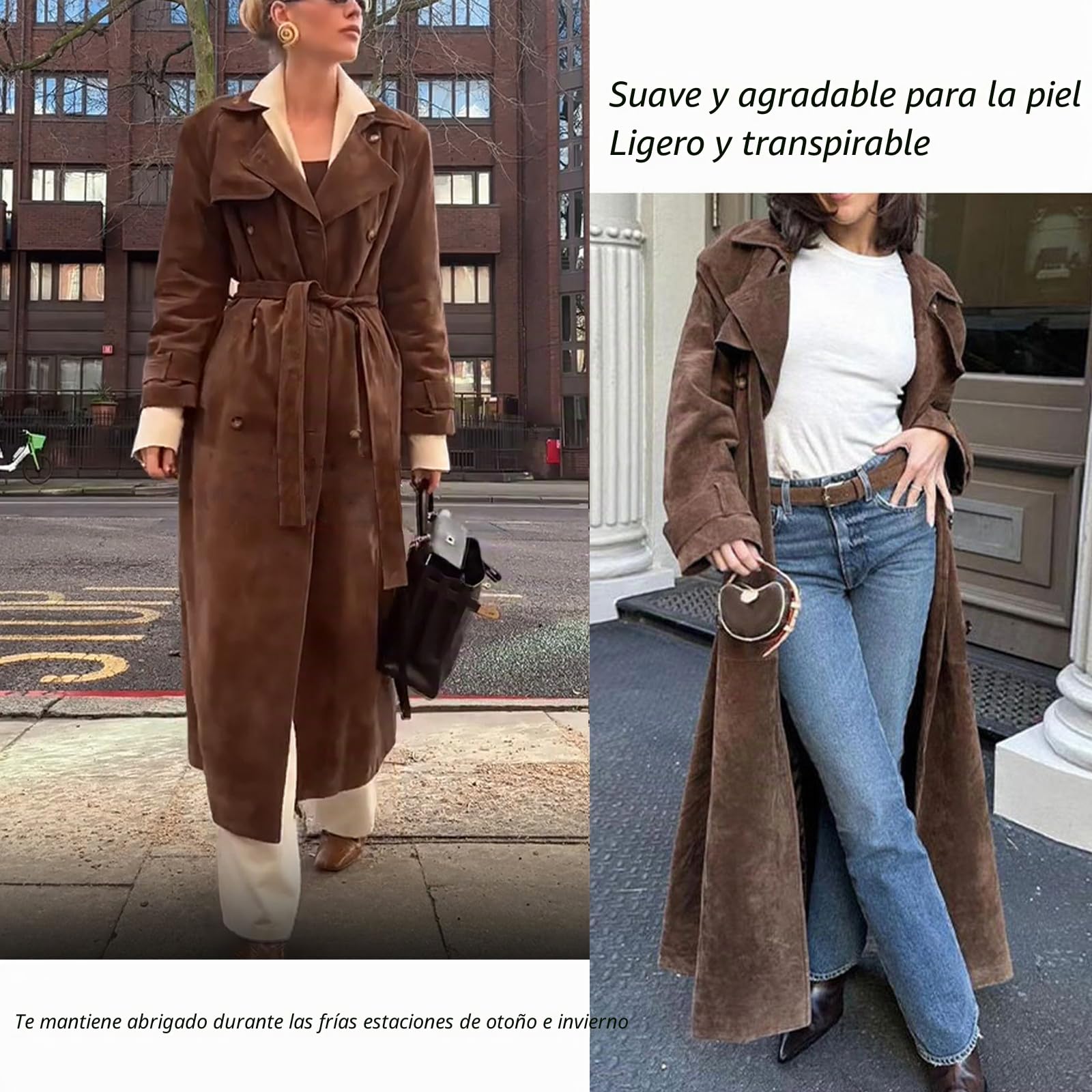 Abrigo Largo Cálido Y Cómodo con Cinturón para Mujer, Gabardina Larga De Ante Sintético De Leopardo para Mujer, Abrigo Cruzado con Solapa con Muescas, Abrigo con Cinturón (S,Marrón)