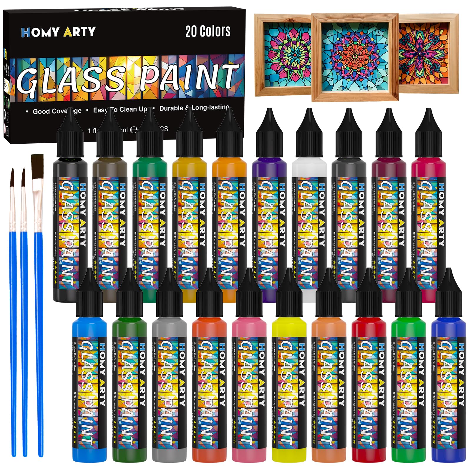 HOMY ARTY Glass Paint - 20 Colors x 30 ml with 3 Brushes Permanent No-Bake Acrylic Enamel Paint, Waterproof Stained Glass Paints for Glass Painting, Ceramics, Light Bulbs and Windows
