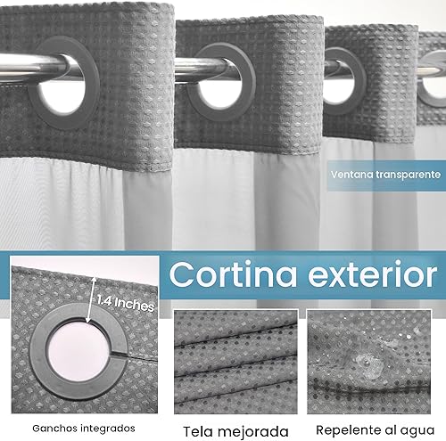 Miniatura 4 de Cortina de ducha larga sin gancho con forro a presión, 230 GSM, tejido de punto gofre, 71 pulgadas de ancho x 74 pulgadas de alto, gris