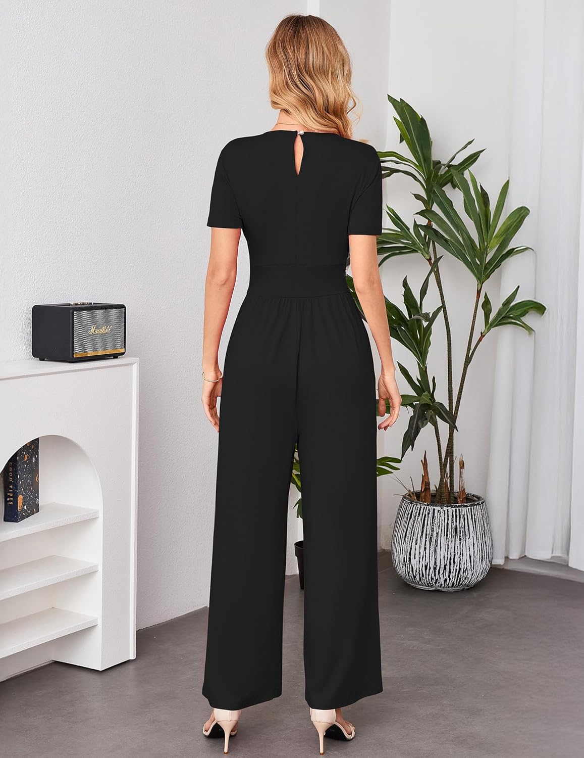 Women Dressy Casual Jumpsuits Elegant High Waist Side Ruched Romper Summer Short Sleeves Wide Leg Pants - Image 3