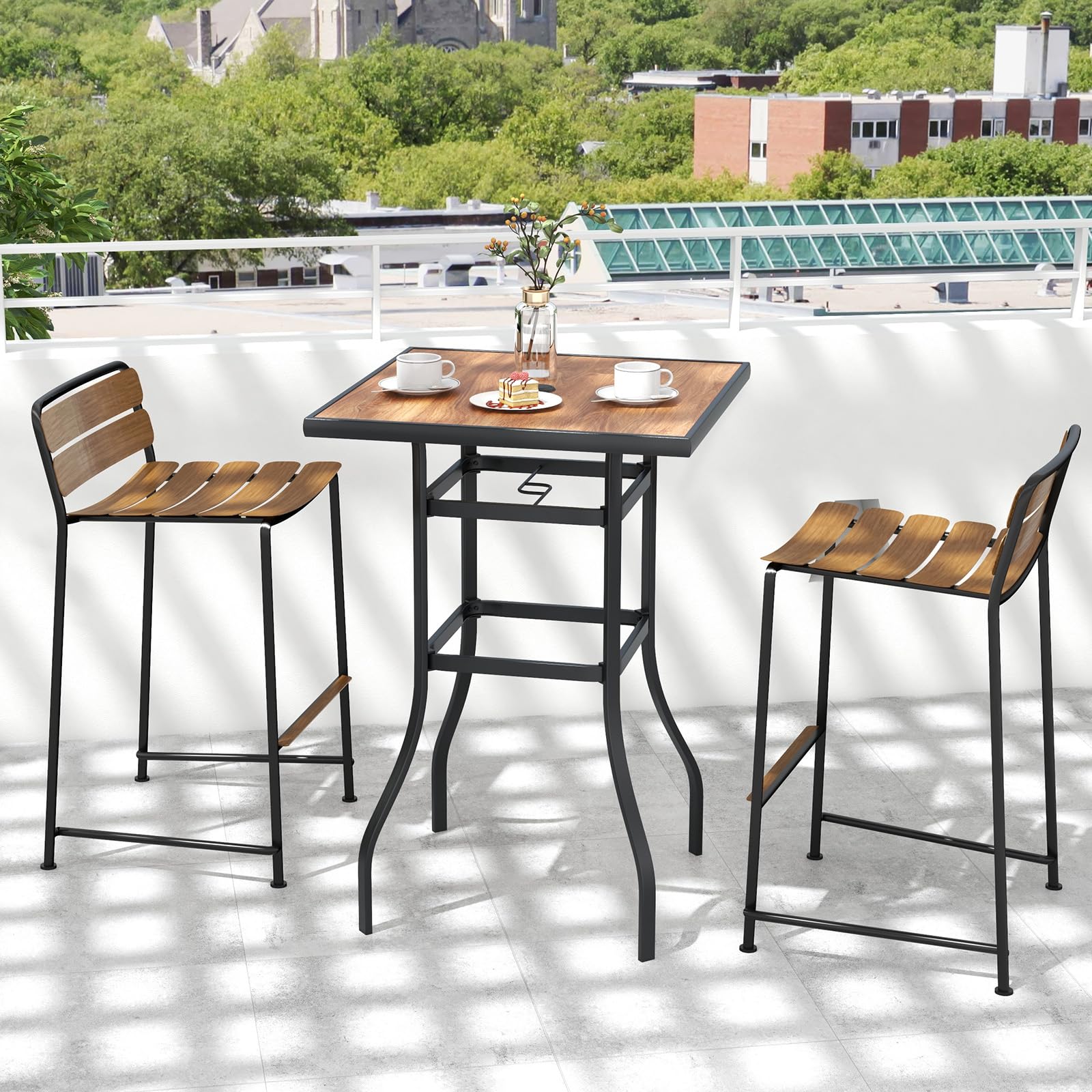 KOMFOTTEU Gartentisch mit Schirmloch, Bistrotisch quadratisch 70 x 70 x 102 cm, Bartisch aus Metall, Stehtisch Balkontisch für Bistro, Garten, Hof