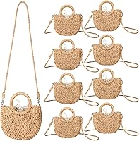 BBTO 8 Pack Khaki Semi-Circle Straw Bags for Women - Handmade Woven Mini Rattan Beach Totes, Crossbody Clutch with Drawstring & Removable Strap