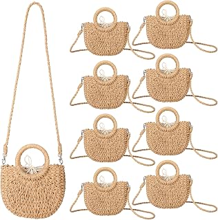 BBTO 8 Pack Khaki Semi-Circle Straw Bags for Women - Handmade Woven Mini Rattan Beach Totes, Crossbody Clutch with Drawstring & Removable Strap