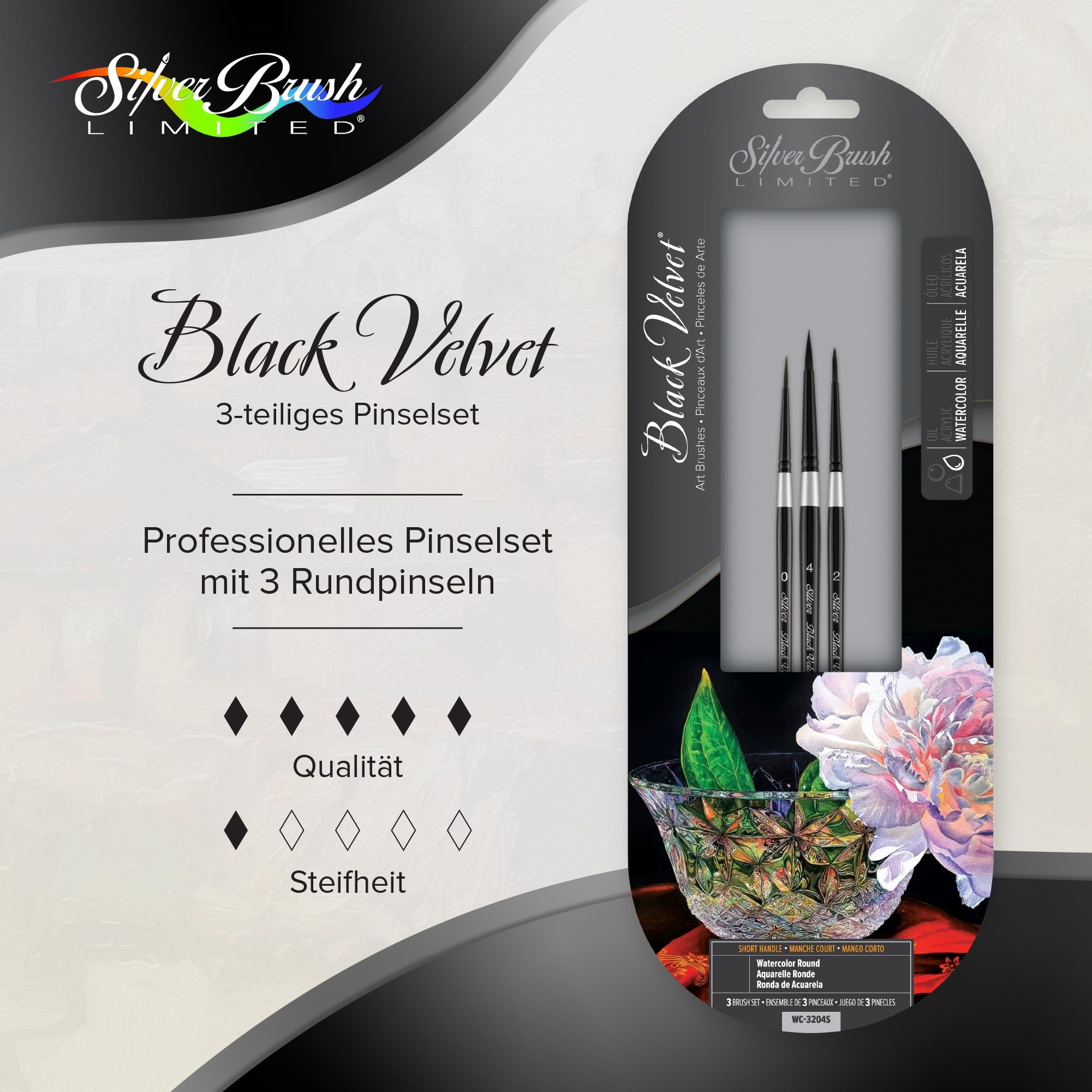 Silver Brush Limited WC-3204S Black Velvet Pinselset für Feine Linien & Details, 3er Set Pinsel, Pinsel Rund in den Größen 0, 2 und 4