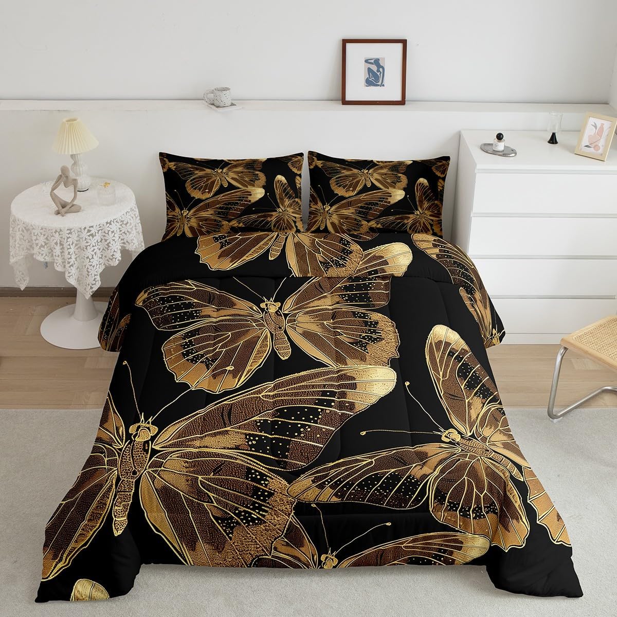 Erosebridal Butterfly King Size Comforter Set,Retro Golden Butterflies
