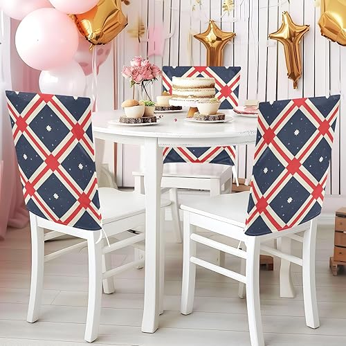 Miniatura 5 de Juego de 6 fundas decorativas para sillas de comedor con patrón geométrico azul, rojo y blanco para fiesta de cumpleaños, funda de taburete suave