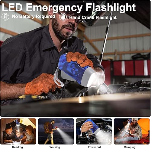 Miniatura 3 de Paquete de 4 linternas de emergencia con manivela, no requiere batería, 3 luces LED brillantes, linterna de cuerda portátil para campamento,