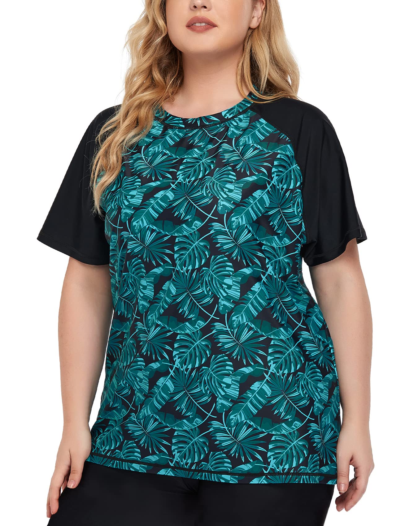 Inno Women's Plus Size 2 Piece Rash Guard Swimsuits Short Sleeve with Boyshorts UPF 50+ Surfing Swimwear, Green Floral, 6X