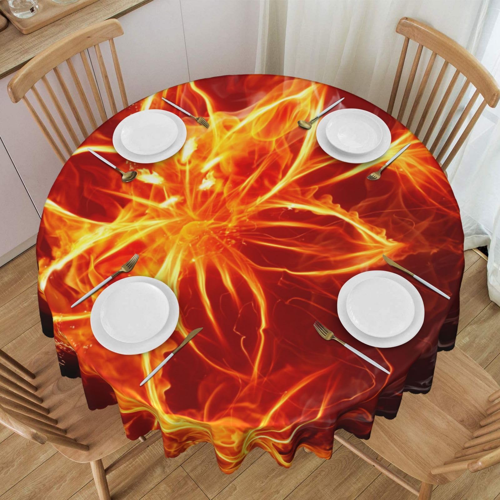 DCEHGEW 60 In Round Tablecloth with Lace, Flaming Fire Flowers Printed Oilproof & Washable Fabric Picnic Table Cloth Table Covers
