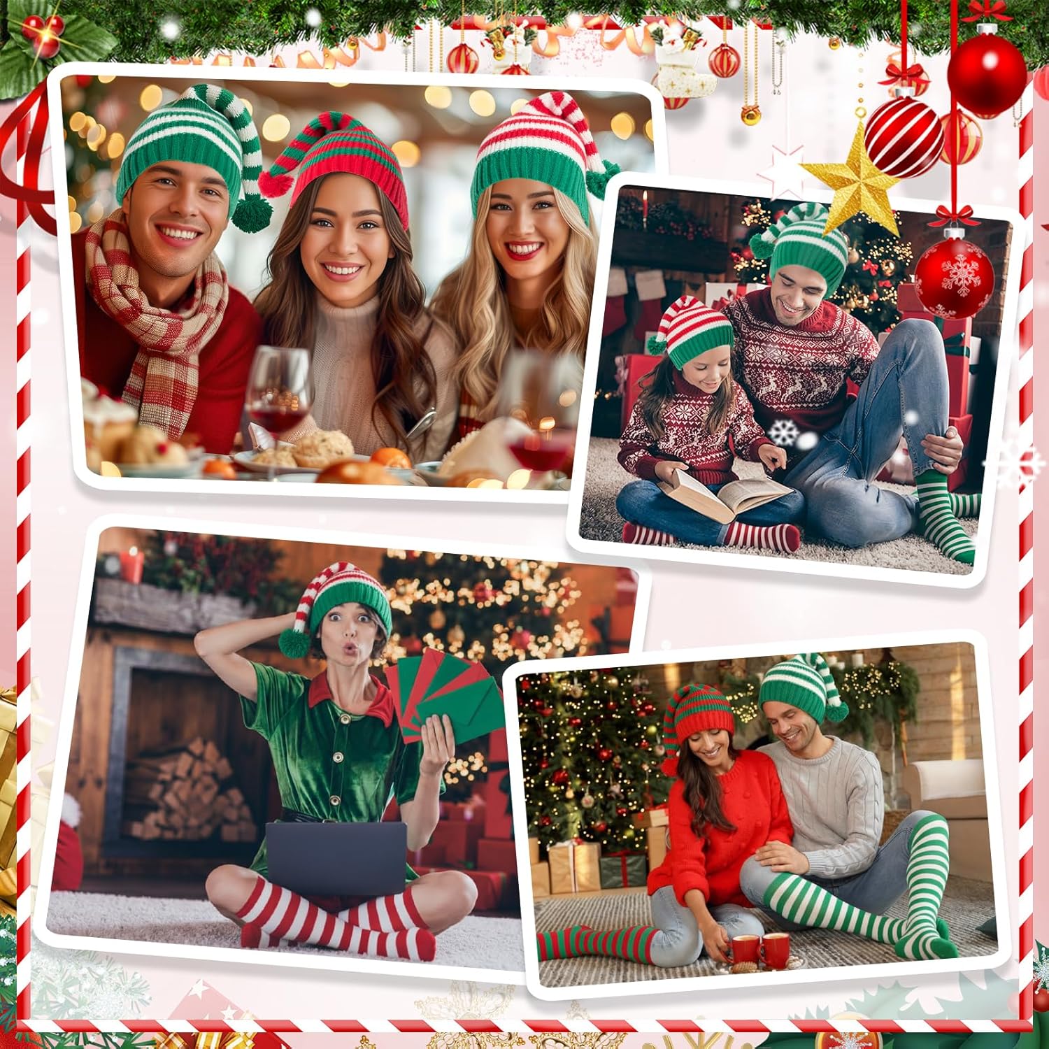 24 Pcs Christmas Winter Knitted Hats with Pompom Socks Set for Adults Christmas Costume Accessories Red and Green Xmas Beanie Striped Winter Socks Bulk for Women Men - Image 5