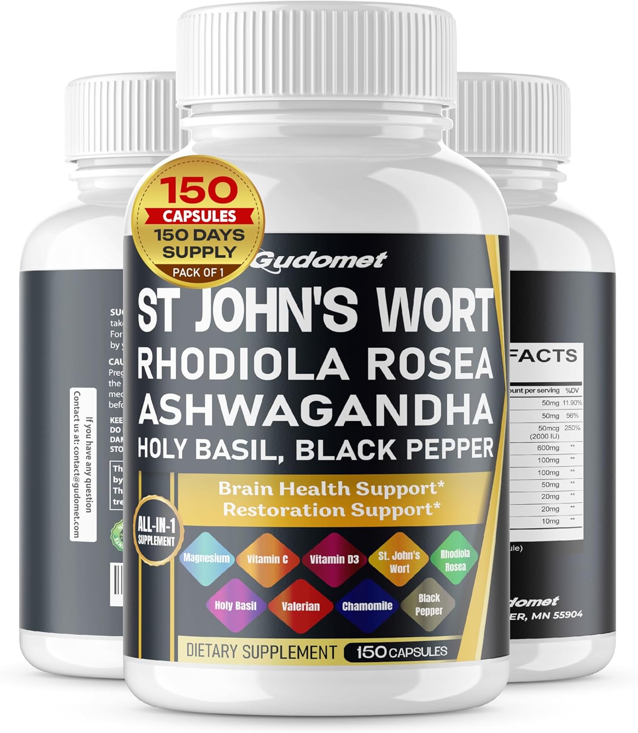 St. John’s Wort Rhodiola Rosea Ashwagandha Holy Basil Valerian Chamomile Black Pepper -150 Capsules- Made in USA