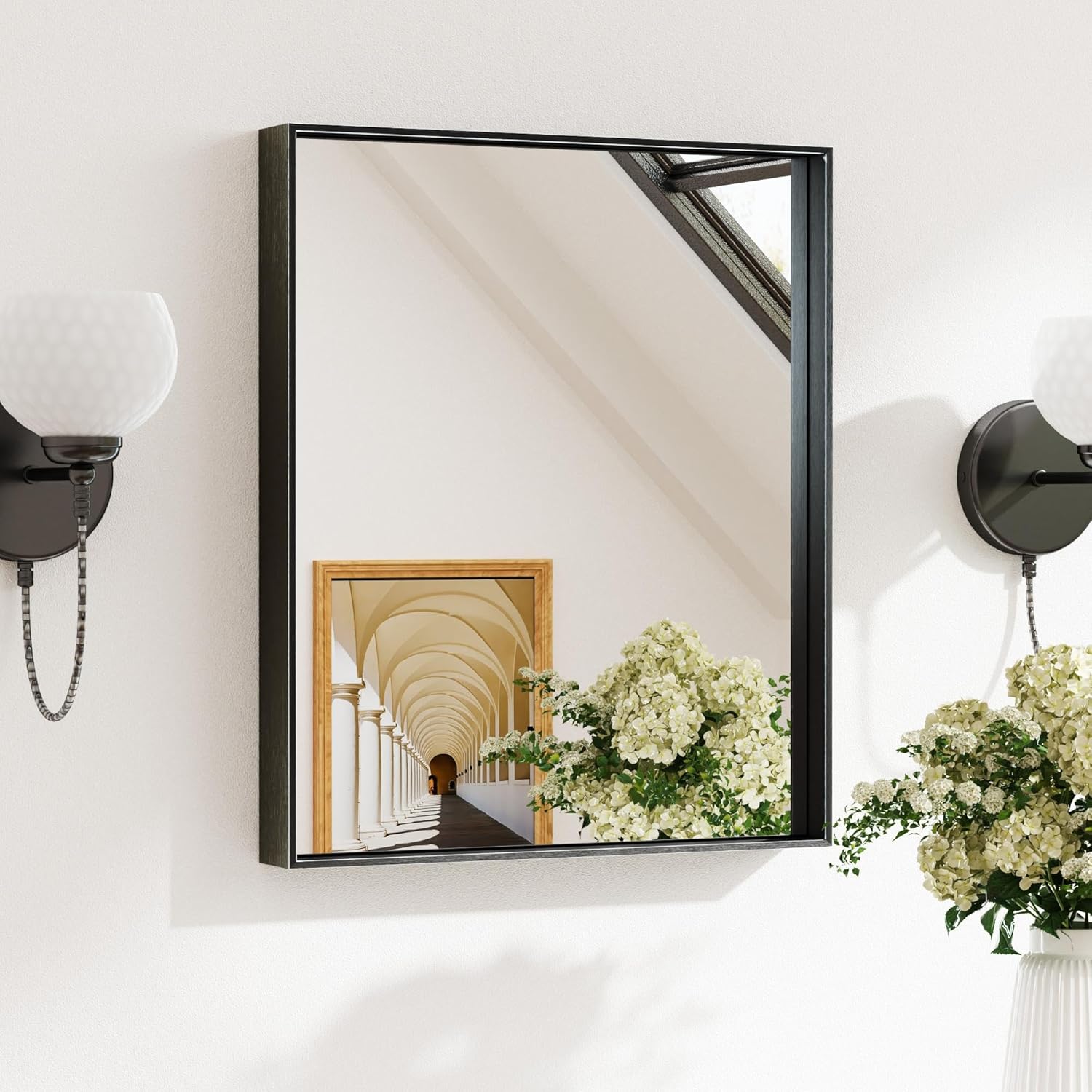 Keonjinn Black Bathroom Mirror 16 x 20 Inch, Metal Framed Small Black Mirror, Rectangular Wall Mount Mirrors Square Corner, Modern Farmhouse Bathroom Vanity Mirrors for Over Sink(Horizontal/Vertical) Black 20"L x 16"W