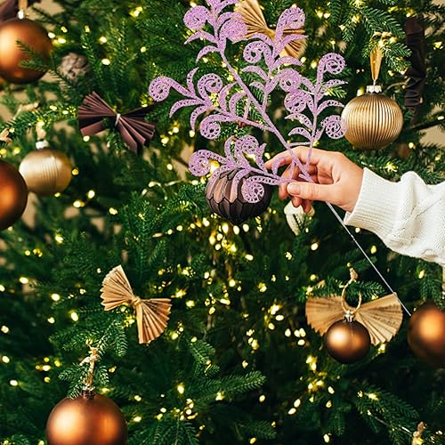 Miniatura 3 de EXCEART 14 piezas de púas de árbol de Navidad con purpurina rizada en aerosol de hojas artificiales, tallo de hojas de Navidad, ramitas para árbol